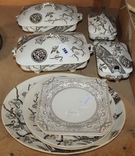 Victorian Aesthetic style part dinner serivce, in cream & black decorated prunus & a pair of Christopher Dresser Shanghai plates